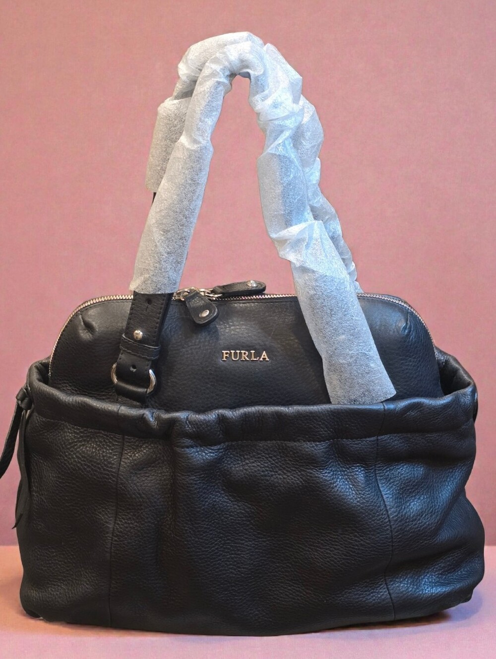 Furla Black Pebbled Leather Satchel with Dual Handles